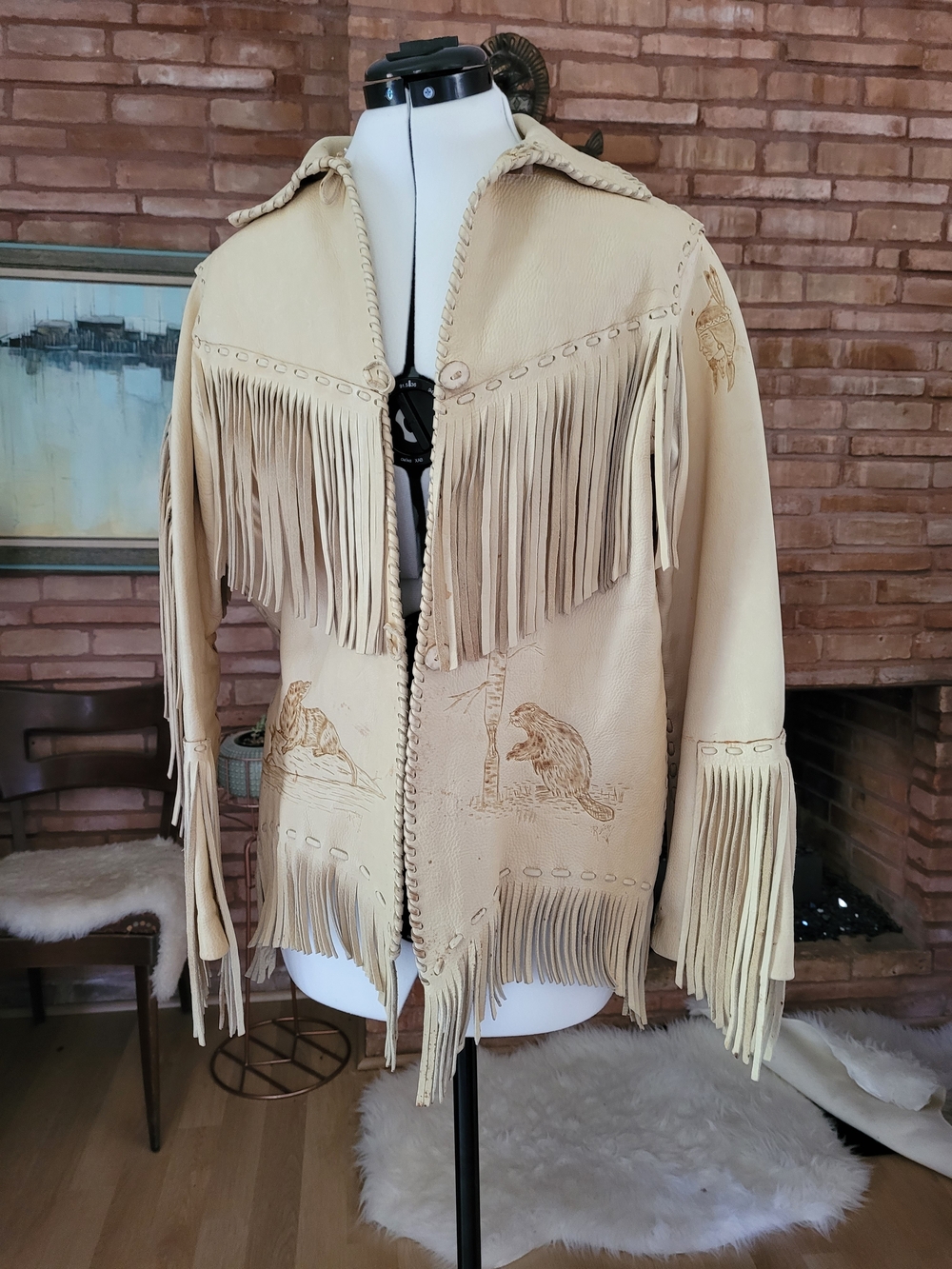 Mid Century Etched Cream Buck Leather Fringe Western Jacket